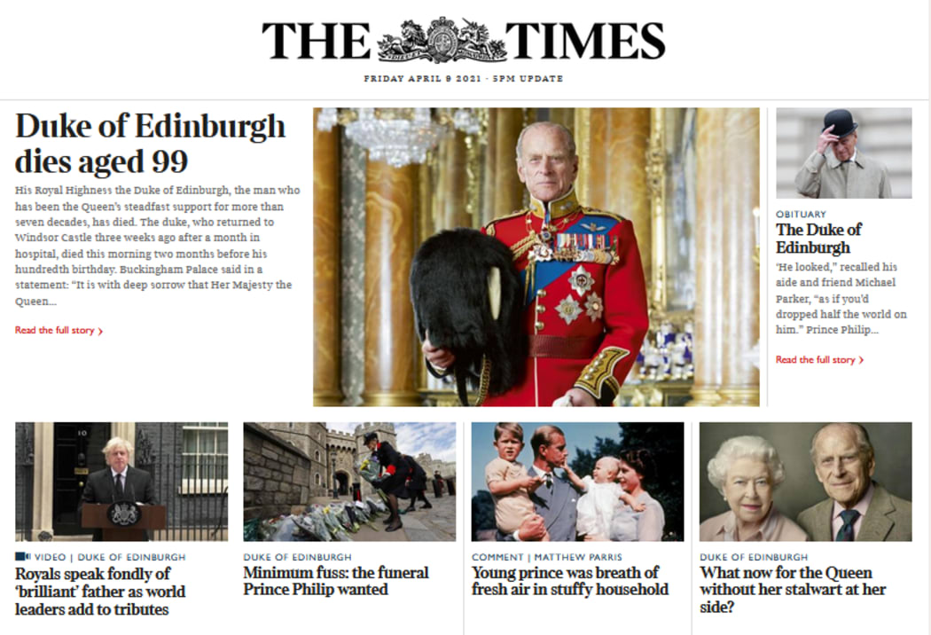 The front page of The Times website following the announcement of the death of Prince Philip.