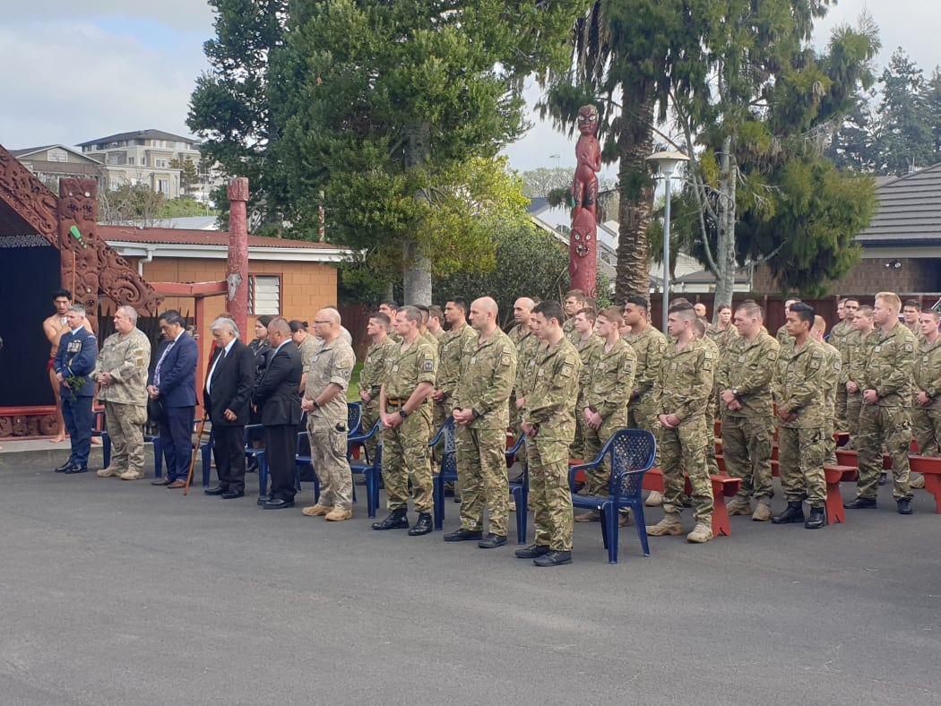 Defence force personnel are greeted with a powhiri at Hui Te Rangiora Marae in Hamilton.