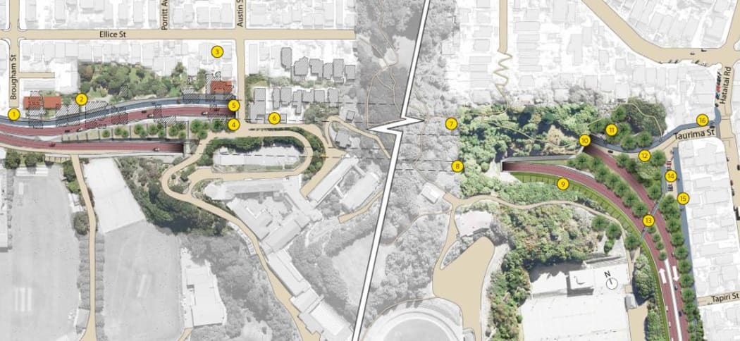Wellington's proposed new Mt Victoria tunnel's western entrance (left) and eastern entrance (right).