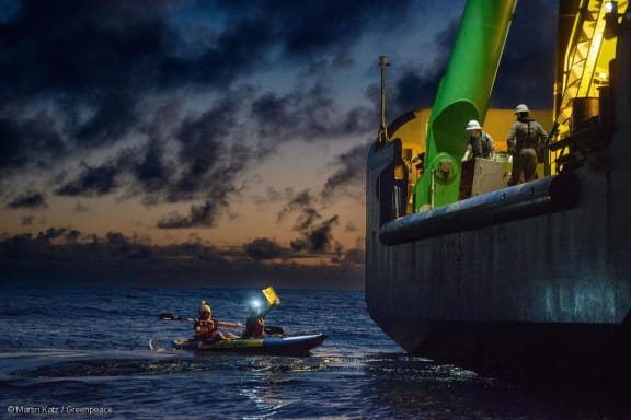 Greenpeace International activists from around the world have paddled and protested around MV COCO, a specialized offshore drilling vessel currently collecting data for deep sea mining frontrunner, The Metals Company, on its last expedition before it files the world’s first ever application to mine the seabed in the Pacific Ocean.