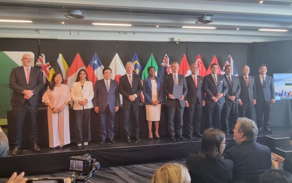 Ministers representing the signatories to the Comprehensive and Progressive Agreement for Trans-Pacific Partnership in Auckland on 16 July 2023.