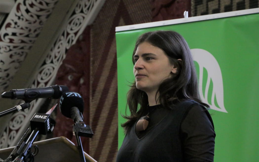 Greens co-leader Chlöe Swarbrick speaks at today's general meeting in Christchurch.