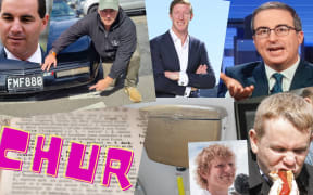 A collage of people and things involved in the oddest news RNZ covered in 2023.