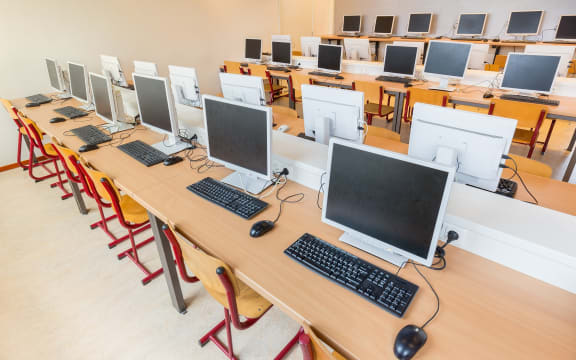 Rows of computers in a classroom