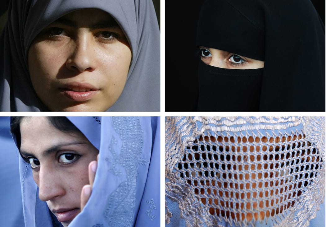 Muslim women wearing various types of Islamic veils: a hijab (top L), a niqab (top R) a tchador (bottom L) and a burqa.