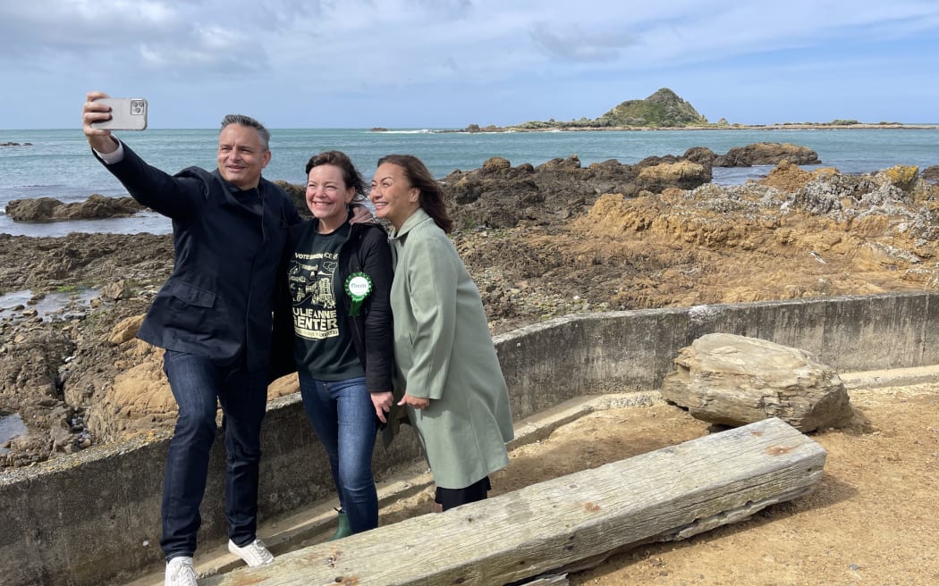 Green Party co-leaders James Shaw and Marama Davidson and Green Party candidate Julie Anne Genter have arrived at the Island Bay marine education centre.