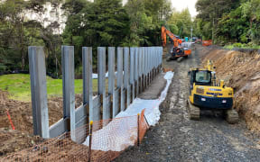 Giant metal piles - some up to 20m long - are inserted into the ground to stabilise a slip on Scenic Drive.