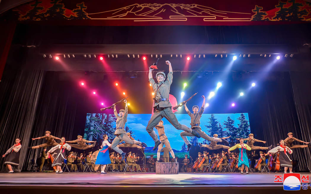 A music and dance performance by the North Korean Ministry of Defence to mark the 92nd anniversary of the founding of North Korea's army, at a theatre in Pyongyang.