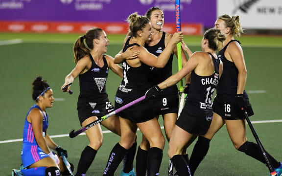 New Zealand celebrate a goal against Argentina.