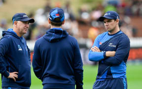 Gary Stead, Kane Williamson and Tom Latham in discussion, Basin Reserve, 2024.