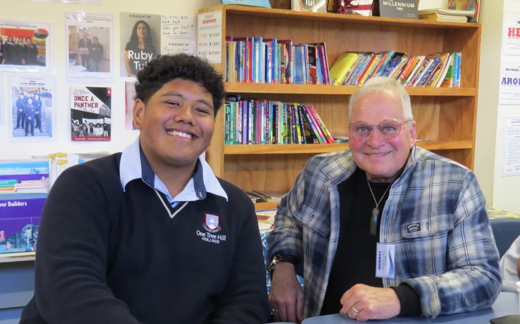 One Tree Hill College student Aj Tuuaga and tutor Murray Hutchison.