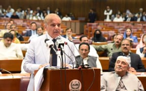 This handout photo shows Pakistan's newly elected Prime Minister Shehbaz Sharif addressing the National Assembly in Islamabad 11 April 2022.
