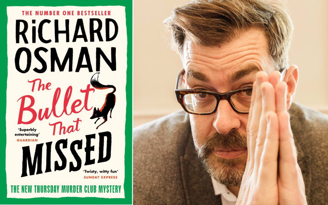 Richard Osman and the cover of his latest book The Bullet That Missed.