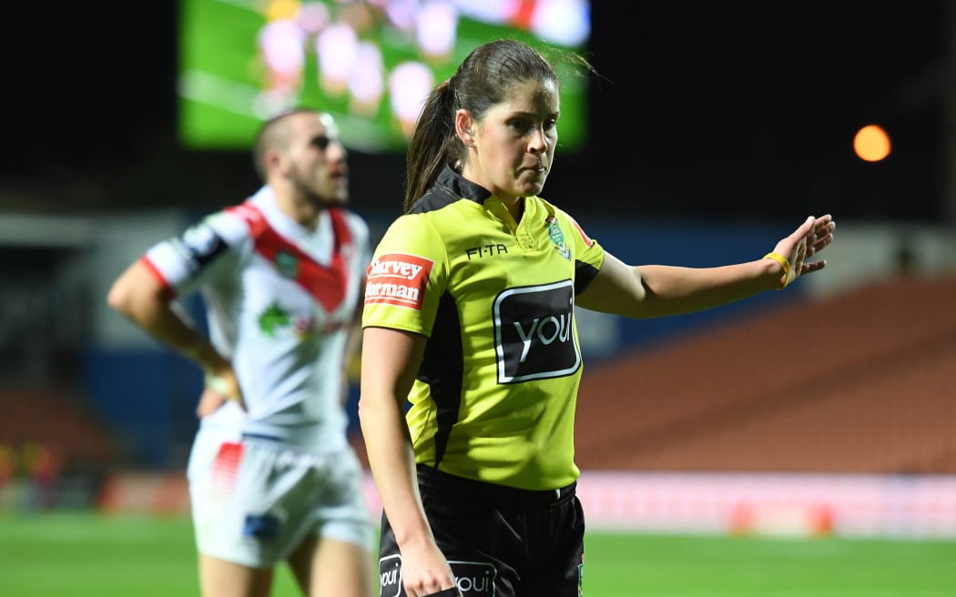 Kasey Badger refereeing the Junior Warriors v  St George Illawarra Dragons in 2017.