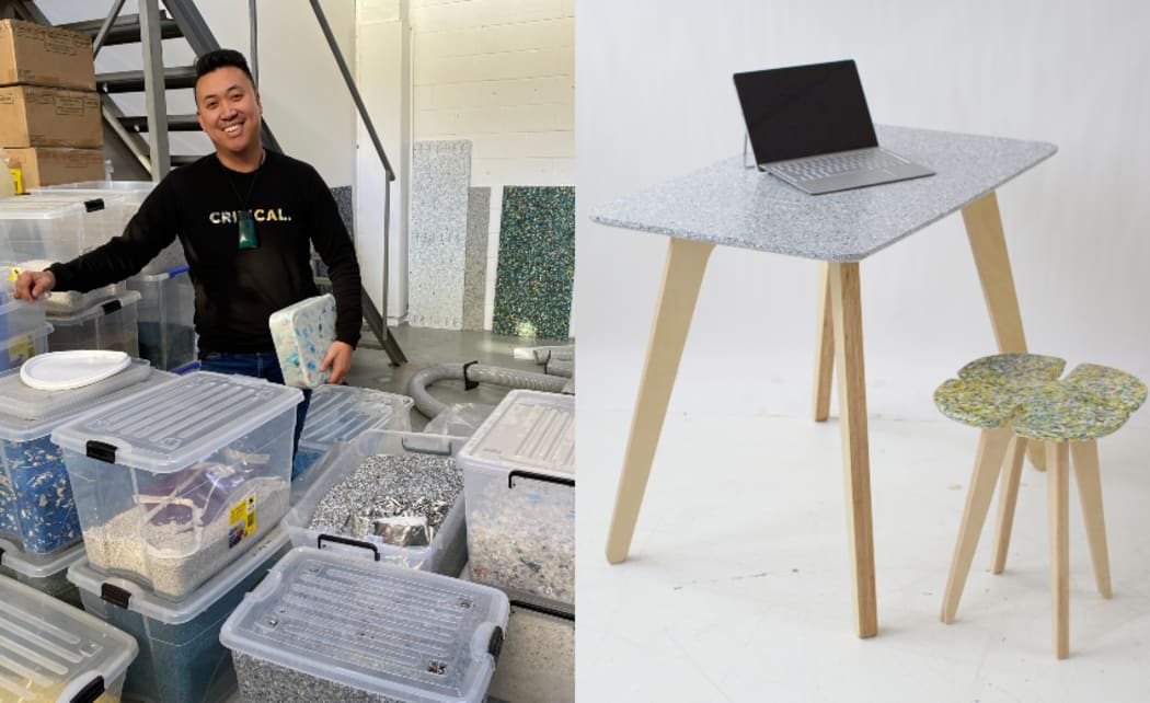 Rui Peng with the plastic waste that gets recycled, and a table and chair after its been recycled and turned into furniture.