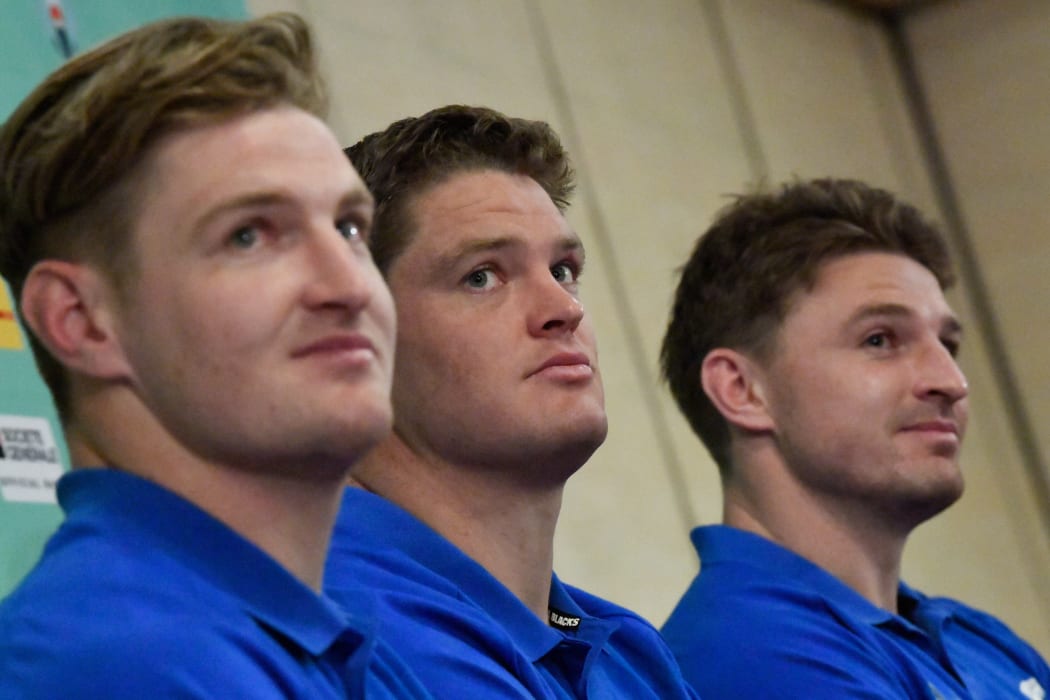 Barrett brothers Jordie (L), Scott (C) and Beauden (R) attend a press conference in Beppu.