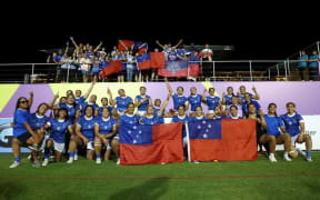 DUBAI, UNITED ARAB EMIRATES - OCTOBER 11: Players of Samoa celebrate following the WXV 3 2024 match between Samoa v Madagascar at The Sevens 2 Stadium on October 11, 2024 in Dubai, United Arab Emirates.  (Photo by Christopher Pike - World Rugby/World Rugby via Getty Images)