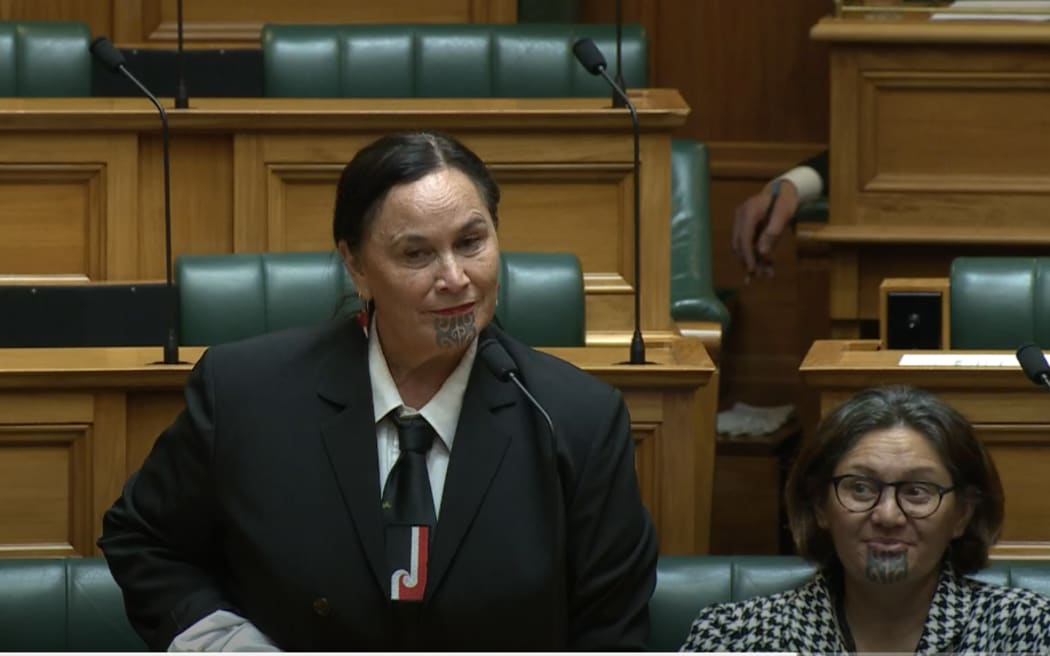 Te Pāti Māori co-leader Debbie Ngarewa-Packer calls a point of order as MPs argue over the stickers on Hana-Rawhiti Maipi-Clarke's laptop on 24 July, 2024.