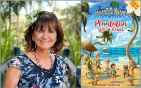 Image of Karen McMillan and the cover of her Elastic Island Adventures book, Plantation Island Resort.