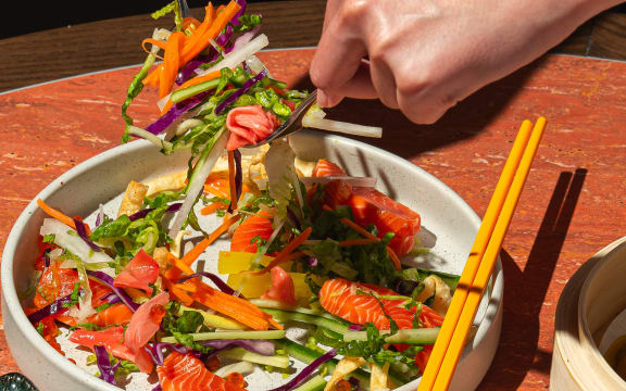 Nic Watt’s Yusheng “Prosperity toss” king salmon & vegetable salad