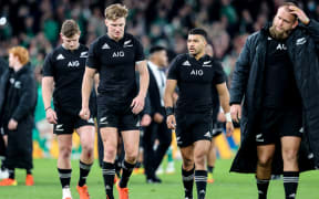 New Zealand's Jordie Barrett dejected after the loss to Ireland 2021.