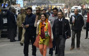 BJP candidate Nupur Sharma on the way to file nomination for the up coming Delhi Election in New Delhi inJanuary 2015.