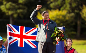 Dame Valerie Adams receives her gold medal from the IAAF World Indoor Championships from 2010. Hamilton New Zealand.