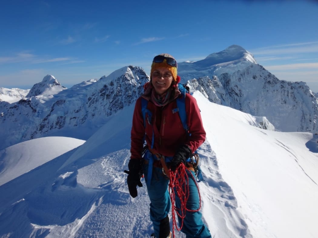 Climber Jane Morris in her "office" at the head of the Tasman Glacier