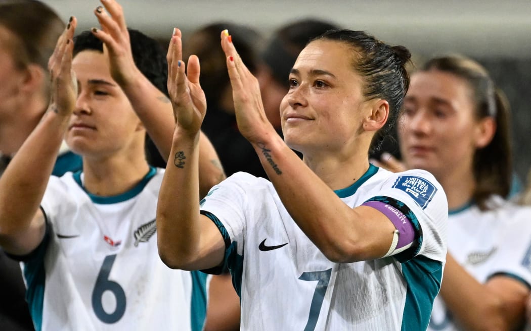 Football Ferns captain Ali Riley thanks supporters in Dunedin during the World Cup.