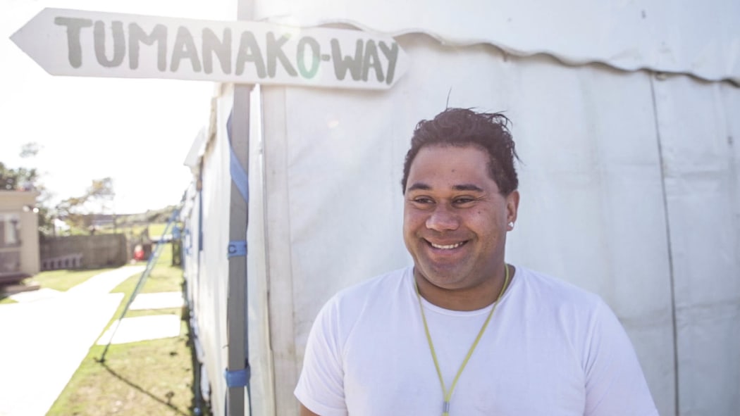Johnboi Kukutai outside Tumanako-Way at Te Puea Marae.