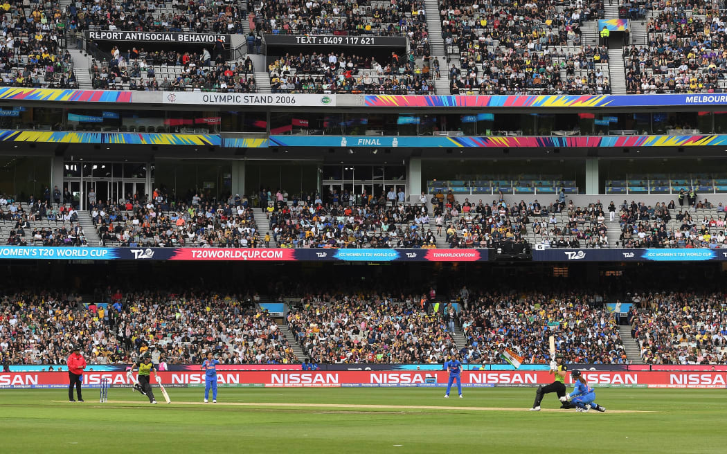 Australia's Meg Lanning (R) bats during the Twenty20 women's World Cup cricket final match between Australia and India in Melbourne on March 8, 2020.