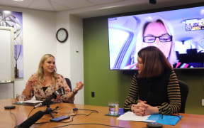 Napier Mayor Kirsten Wise speaks to Hastings Mayor Sandra Hazlehurst at a media briefing on a regional three waters campaign today. Central Hawke's Bay Mayor Alex Walker is on screen in the background.