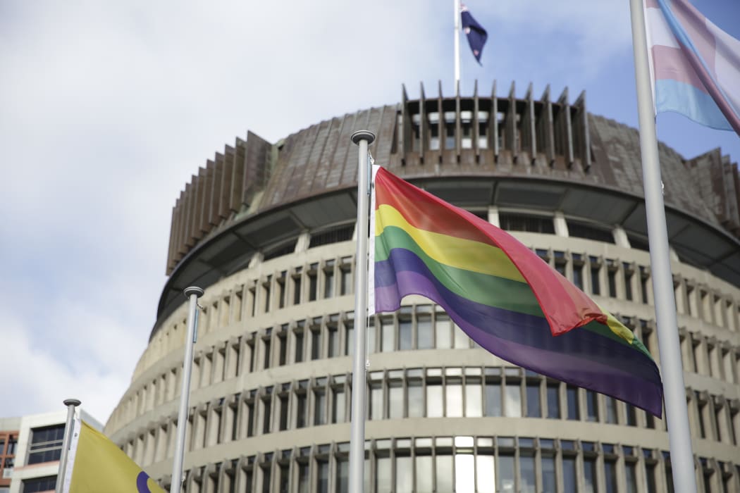 Rainbow flag flies outside Parliament.