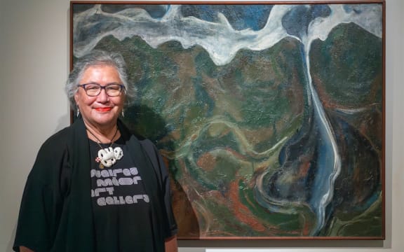 Elizabeth Ellis with her 1966 work at Wairau Maori Art Gallery