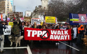 The Auckland crowd poised to march in opposition to the TPP.