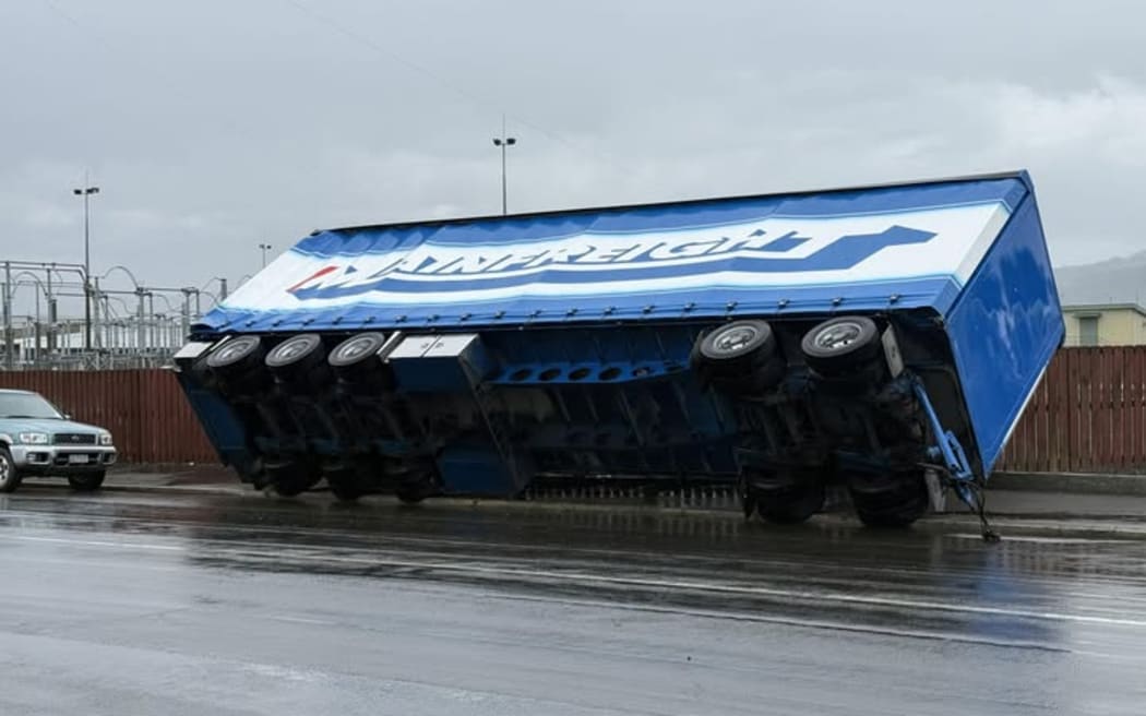 Mainfreight trailer tipped over in South Dunedin industrial area.