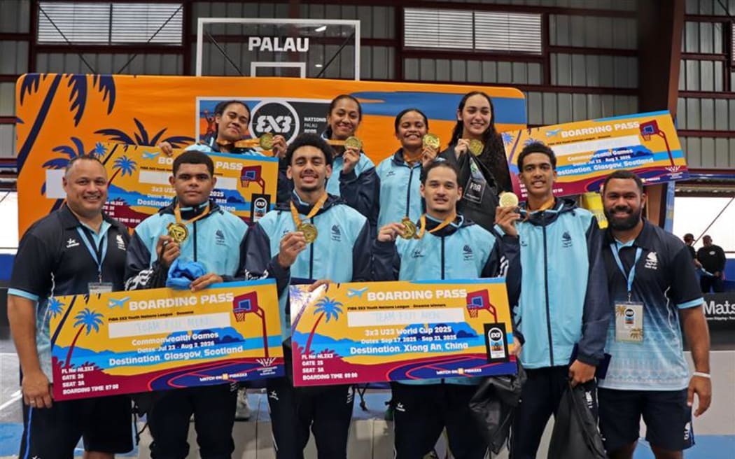 The Fiji men's and women's teams with their gold medals in the inaugural 3x3 basketball competition at the 2025 Pacific Mini Games. 9 July 2025