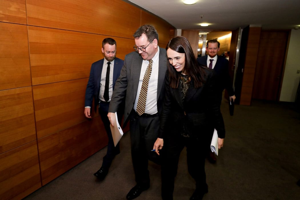Finance Minister Grant Robertson, left, and Prime Minister Jacinda Ardern at Parliament 27 May 2019.