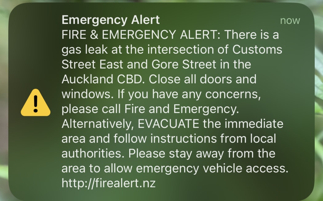 An alert sent to phones in Auckland warning of a gas leak on the intersection of Customs Street East and Gore Street in the central city.