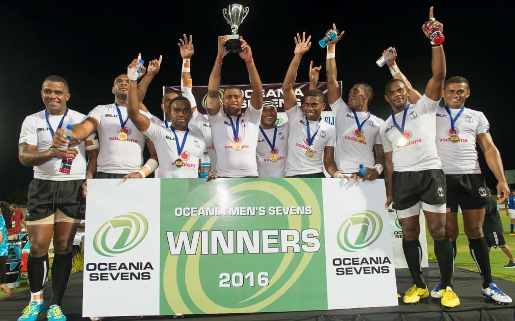 Fiji celebrate winning the 2016 Oceania 7's title.