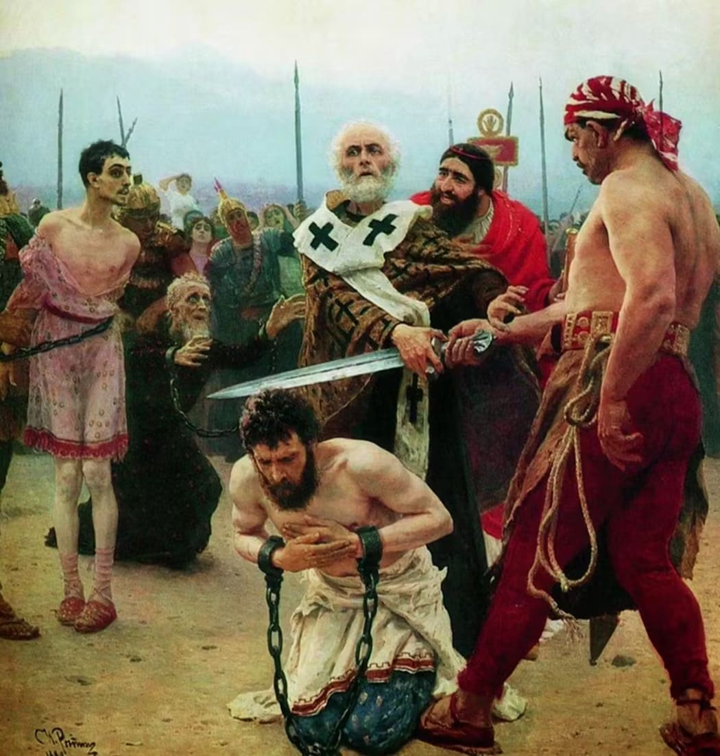 An artist's depiction of Saint Nicholas of Myra saving three men from death.