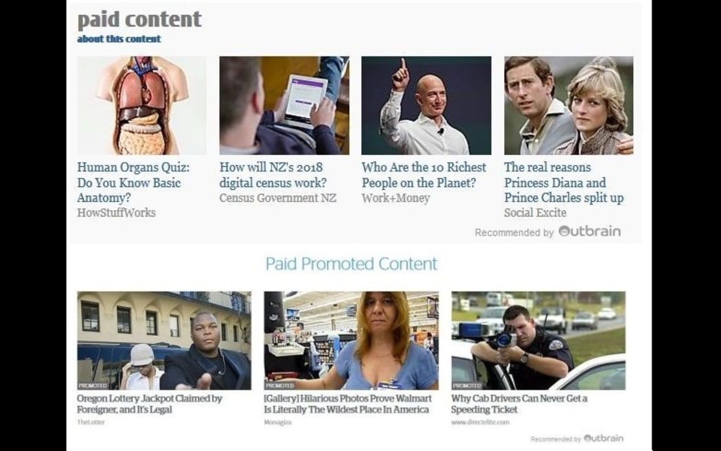 Examples of Outbrain stories found on the NZ Herald and Stuff websites, with new 'paid content' headings added after the Press council ruling.