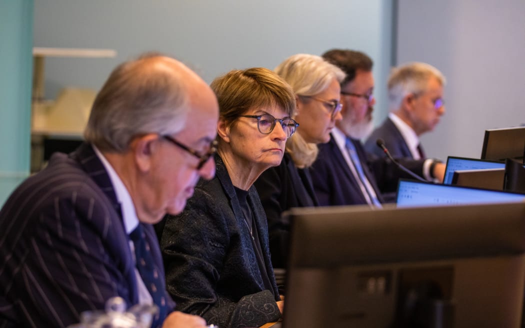 Judges of the Supreme Court sit in Auckland to consider the case of an autistic and intellectually disabled man detained under the Intellectual Disability Compulsory Care and Rehabilitation Act for 18 years because he is considered too dangerous to release. Form left to right, the judges are: Sir Stephen Kós, Dame Ellen France, Dame Helen Winkelmann, Sir Joe Williams and Justice Forrest Miller.