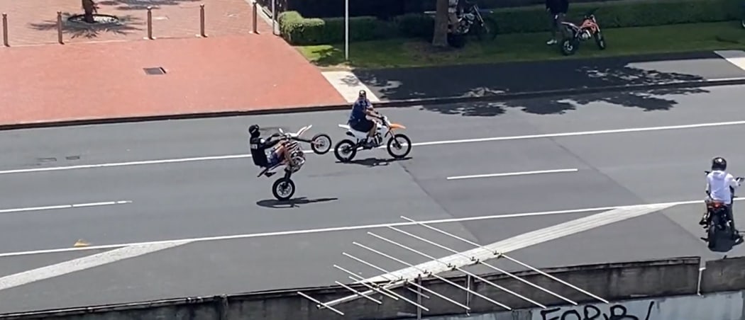 Screengrab of people ride dirt bikes along Fanshawe Street in central Auckland on 31 December, 2021.