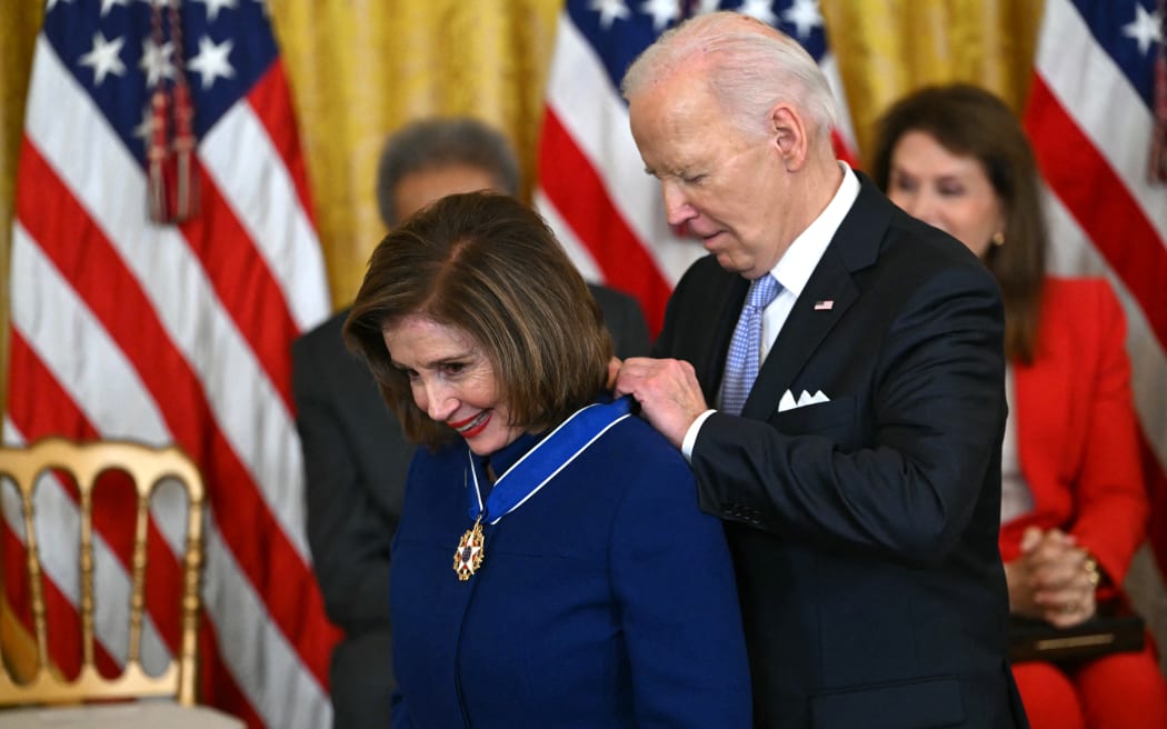 US President Joe Biden presents the Presidential Medal of Freedom to US Representative Nancy Pelosi (D-CA) in the East Room of the White House in Washington, DC, on May 3, 2024. The Presidential Medal of Freedom is the Nation's highest civilian honor, presented to individuals who have made exemplary contributions to the prosperity, values, or security of the United States, world peace, or other significant societal, public or private endeavors. (Photo by ANDREW CABALLERO-REYNOLDS / AFP)