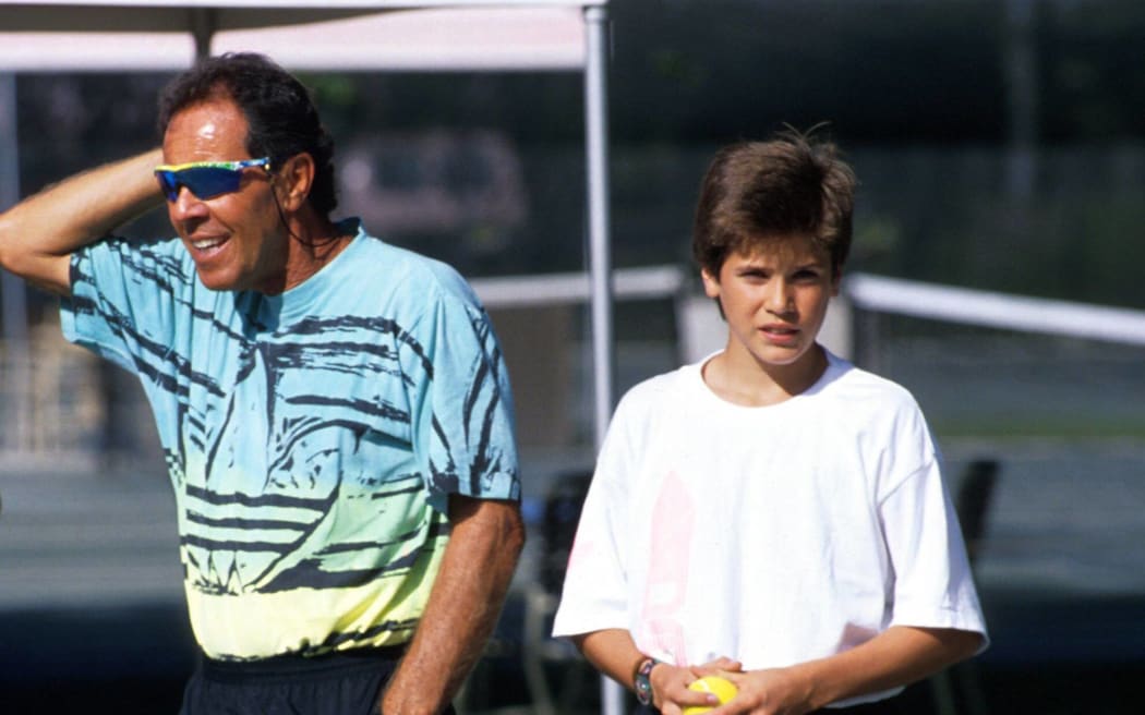 Trainer Nick Bollettieri (USA) with student Thomas Haas (Ger) at the Florida Bollettieri Tennis Academy 1991.