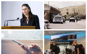 Clockwise from top left: Jacinda Ardern speaks to media, police checkpoints ahead of Easter weekend, international arrivals will have mandatory quarantine, and the Ministry of Health is working on an app for contact tracing.