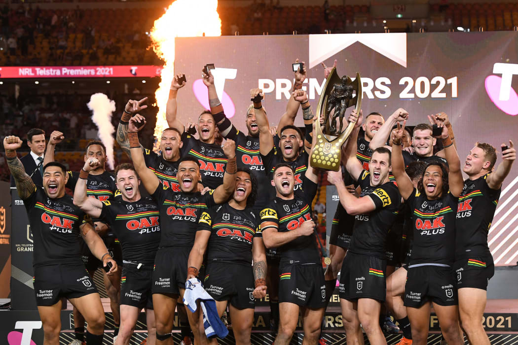 The Penrith Panthers celebrate winning the 2021 NRL grand final.