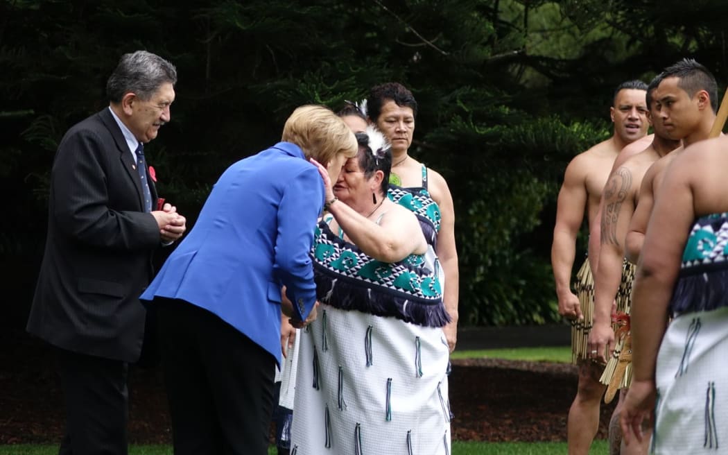Angela Merkel is formally welcomed to Government House, Auckland.