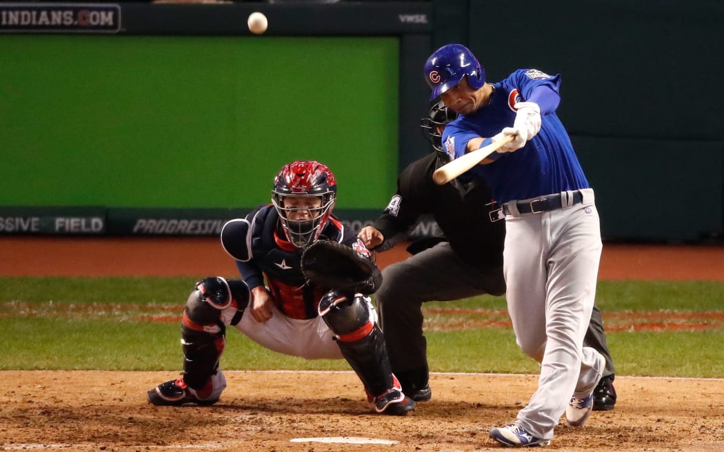 Willson Contreras of the Chicago Cubs in action during the fourth inning against the Cleveland Indians in Game Seven of the 2016 World Series at Progressive Field in Cleveland, Ohio.